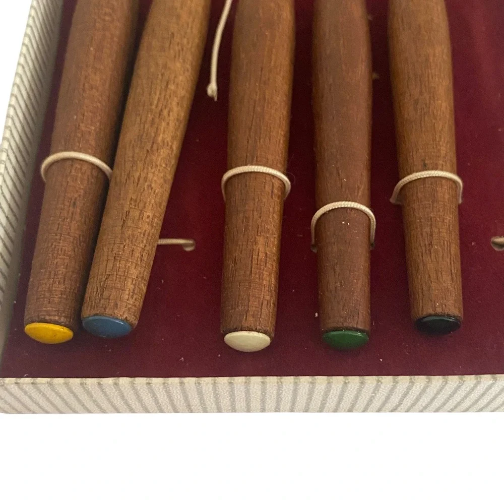Vtg West Germany Fondue Forks 5 Teak Wood Handle Stainless Steel MCM Color‎ Ends